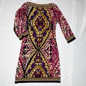 Colorful Ice Multicolor Shift Mosaic Print Dress 3/4 Sleeve Womens 8 Boho